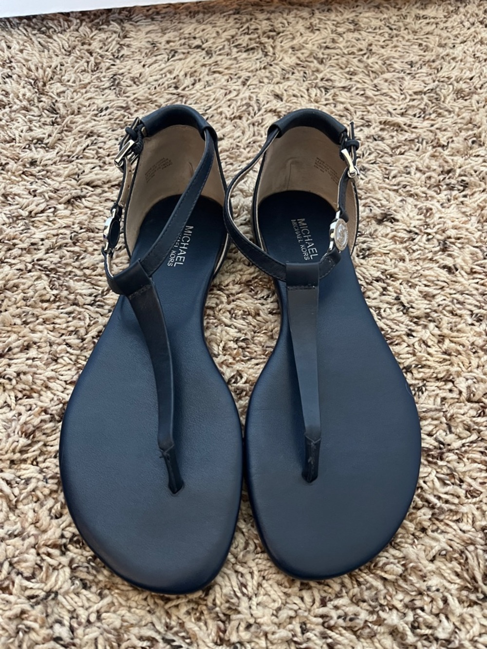 Michael Kors Navy T-Strap Logo Charm Sandals